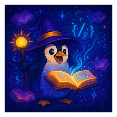 Make the penguin wizard scene even more magical, with glowing runes, swirling sparkles, floating spellbooks, and a shimmering aura around the penguin and spellbook. Enhance the magical atmosphere with vibrant mystical effects. sticker