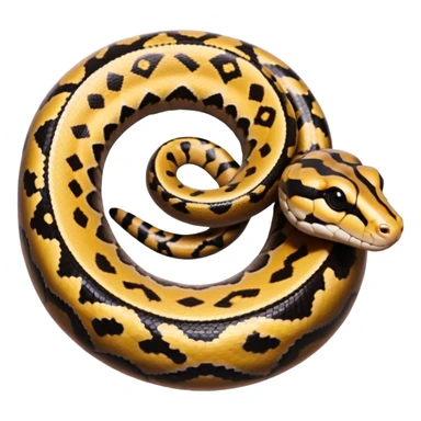 A photo-realistic top-down view of a Ball Python gently coiled into a tight spiral, with its head resting peacefully at the center. Its scales are warm brown with bold, irregular black markings, including the distinctive “alien-head” pattern, flowing smoothly along its body.  sticker