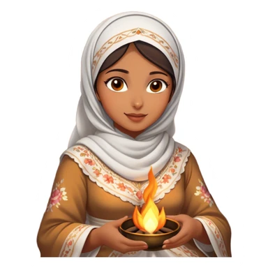 A Arab woman dressed in a beautiful floral traditional outfit with a delicate white headscarf sits by a fire at night. The warm glow of the flames highlights her radiant features, giving the scene a soft, serene, and intimate feel. sticker