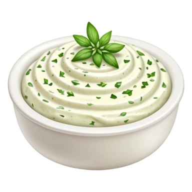 garlic and herb cream cheese thick dollop or swirl white green herb flecks garlic bits smooth glossy visible flecks optional ramekin no bread vegetables garnish or faces clean 3D soft shadows transparent background emoji scale sticker