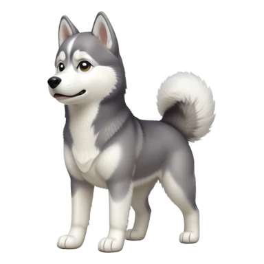 cinematic-[siberian husky]-realistic-full-body-standing-emoji,-tail-resting-loosely-beside-its-paws,-head-tilted-dramatically, -fluffy-[grey and white]-fur,-simplified-yet-realistic-focused-features,-highly-detailed,-glowing-with-an-almost-sarcastic-glow sticker
