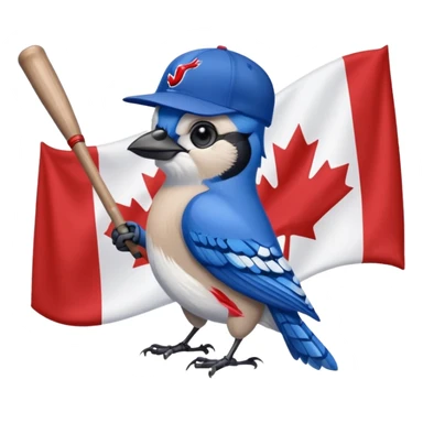 bluejay standing swinging bat, toronto blue jays baseball hat, holding canadian flag
 sticker