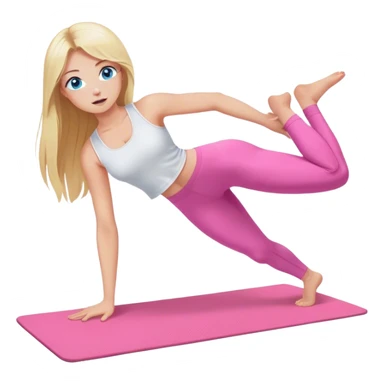 A cinematically realistic blonde with long hair and blue eyes, dressed in a white top and pink leggings, performs a sports exercise on a mat sticker