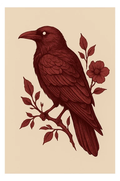 погенерируй ворона полубоком внешне как на референсах, четкие контуры тени и блики в винном бордовом цвете sticker