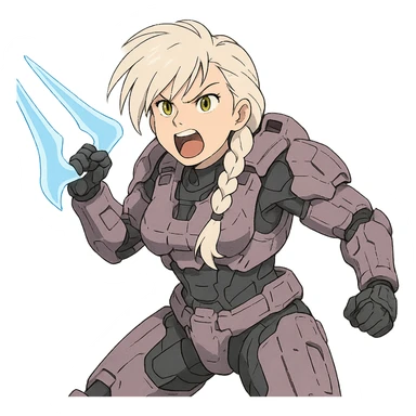 female, wearing reach spartan armor default, long white braid hair with massive messy front side single bangs, gold yellow eyes, attention pose, HALO:series, no helmet, the armor is lavender color scheme, shoulder pad off. DDD bust size fitting. Punk gothic cyberpunk, brandishing a covenant energy sword, preparing to swing and yelling sticker