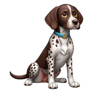 cinematic-[german pointer]-realistic-full-body-sitting-emoji,-tail-resting-loosely-beside-its-paws,-head-tilted-dramatically,-sleek-[brown and white spotted]-fur,-simplified-yet-realistic-focused-features,-highly-detailed,-glowing-with-an-almost-sarcastic-glow sticker