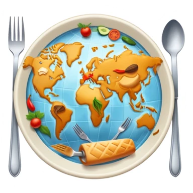 Icon for Culinary Tourism: a world map with food elements like a fork, knife, and dish, surrounded by iconic dishes from various countries. The icon should represent the exploration of global cuisines and travel experiences. Transparent background. sticker