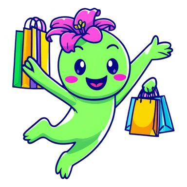 pastel magenta lily flower with sparkling eyes and open mouth, jumping with joy while holding shopping bags, round and bouncy sticker