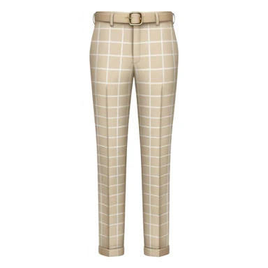 beige dress pants with distinct white grid pattern, formal trousers with clear white check pattern, cuffed hem, tailored pants with white plaid design, isolated garment only sticker