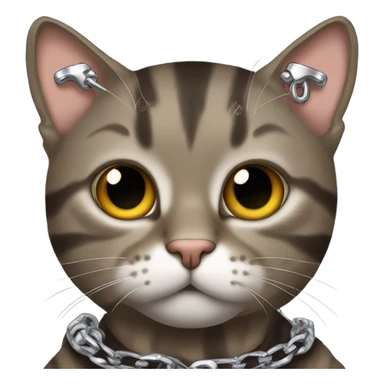 Brown tabby cat with an emo band shirt and a silver chains sticker
