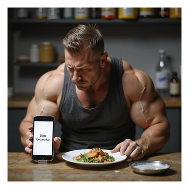 realistic bodybuilder man in gym clothes sitting at a table with a kitchen scale and a small plate with minimal food portions. Next to it, a phone app with the text 'Dieta ipocalorica'. Frustrated expression, gaze at the plate. Background with supplements and water. Realistic style. sticker
