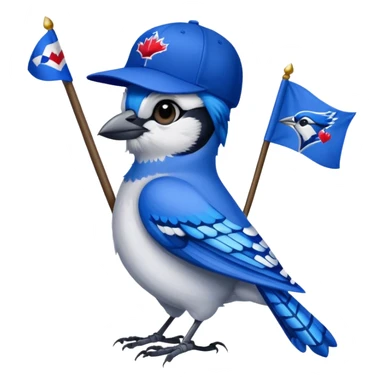 blue jay with MLB blue jay baseball hat, holding flag with name Carolyn on flag sticker