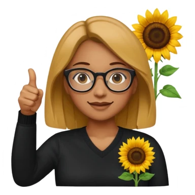 Make my biology teacher shes light brown, wears glasses, female, fat, all black sweater down and sunflower shirt under and make her give 1 thumbs up sticker