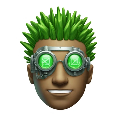 Green Mohawk hair male cyborg head with white steampunk goggles and circuits sticker