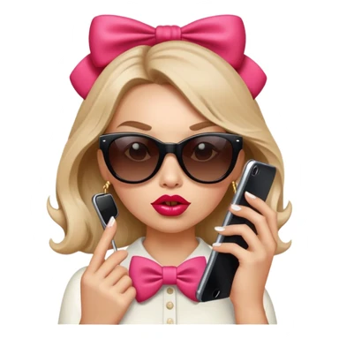 Girl with huge lips, sunglasses, bow on her hair, holding a phone with attitude sticker
