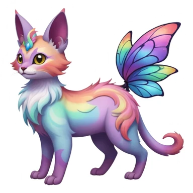 White iridescent with pastel rainbow-gradients-color-markings with swirly patterns butterflies  faerie-Noivern-Noibat-Purloin-Torracat-Lykoi-Caracal-cat-Fakemon-fusion-hybrid-creature sticker