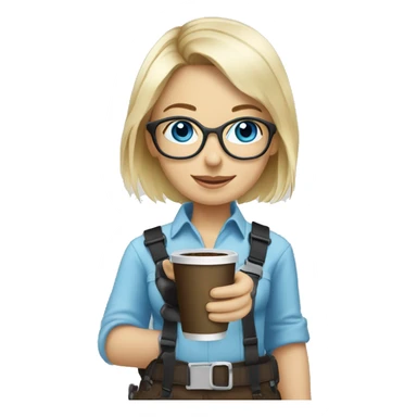 Blond girl with blue eyes and glasses drinking coffee wearing a harness and steel toe boots sticker