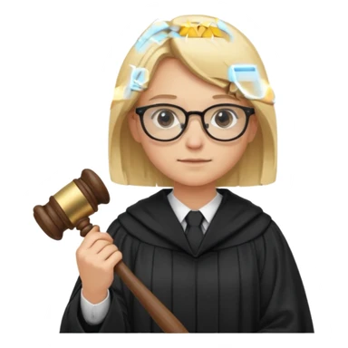 Young judge, blonde hair with glasses and robe, hold a gavel sticker
