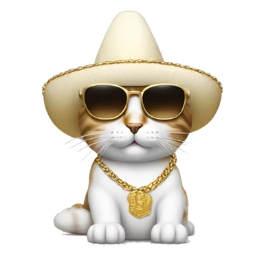 cat with a mexican hat wearing a gold chain with sunglasses bed white shirt sticker