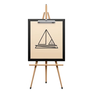 Minimalistic flat vector icon, iOS style, thin black contour on white background. Easel holding a canvas with simple sketch lines, pencil beside it. No text, no shadows sticker