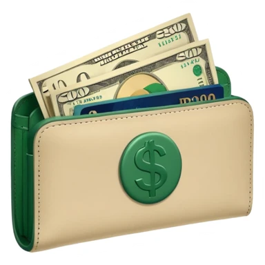 light beige wallet with dark green dollar bills sticking out, minimalist, emoji style sticker