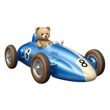 Metallic blue and lightly chrome-accented Antique-looking  kid-sized race car for teddy bear with custom aero body and rear wing sticker