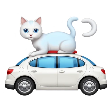 Please create a small emoji the size of 🚗 featuring a pure white cat with short tail with blue eyes on a white saloon car viewed from side. Again it is necessary that the emoji must be extremely small, much smaller than a standard sized sticker. sticker