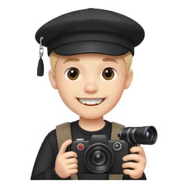 cartoon schoolboy with black cap prominent front teeth holding a camera in his hand sticker
