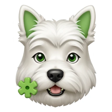 a west highland terrier dog with a green bone treat in its mouth  sticker
