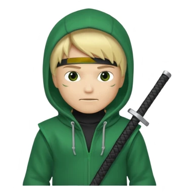 Green ninja Lloyd garmadon blonde hair, kaptur hoody on his head but blonde grzywka visible; the bottom left one is best (the one without miecze + black band + no mask of face) but add miecz; I want no band on head ; I don’t want any band on forehead sticker