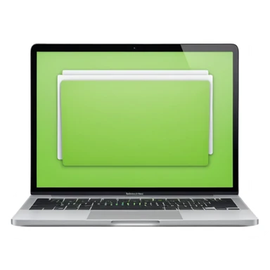 A macbook laptop front facing with its screen showing lime green screen with white paper overlapping outside the monitor . sticker