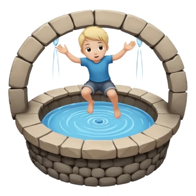Create a clean emoji-style icon showing a small child falling into a round stone water well. The well must be clearly recognizable: circular stone rim, dark opening. Show the child mid-air, tilted downward above the well with simple motion lines. sticker
