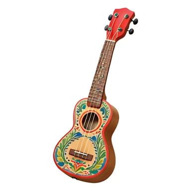 Create a vibrant and artistic emoji representing a ukulele with a Mexican design. The ukulele should feature a bright, colorful body with traditional Mexican patterns, such as geometric shapes, floral motifs, or colorful stripes. Use rich, warm tones like red, yellow, green, and blue to give the instrument a lively, festive look. Highlight the wood grain of the ukulele’s neck and fingerboard, and add subtle details like decorative inlays or a small Mexican flag symbol on the body. The strings should be clearly visible, and the instrument should be in a slightly angled position to showcase its unique design. The background should be transparent. sticker