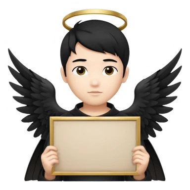 Asian Boy Angel with black hair black halo and black wings holding a large blank sign sticker