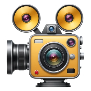 Minimal emoji icon of a huge cinematic metalic camera, front view, realistic lens, no gold sticker