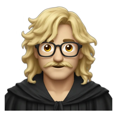 A man with blond messy hair and a mustache, wearing a black squared shaped eye glasses, a black wizard hat, black  robe sticker