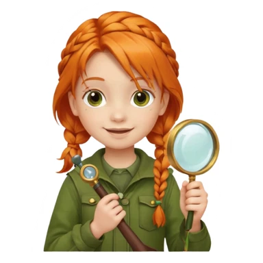 braid orange haired girl kid in moss green explorer outfit, holding magnifying glass, smile sticker