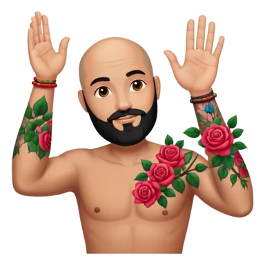 Bald man with black beard raising hand with colorful roses tattoo on forearm  sticker