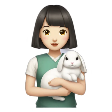 korean girl with bangs holding white rabbit sticker