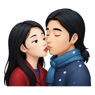 long black haired asian guy kisses redhead girl in snowstorm sticker