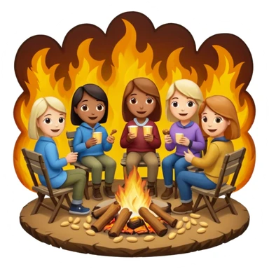 Born fire and people sitting beside born fire on chairs eating peanuts. Born fire is in the centre sticker