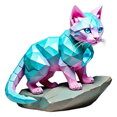 This fascinating hybrid creature combines the rocky ferocity of Boulderbite with the mystical elegance of Etherfeline. The result is a creature with a core body composed of angular, faceted stones in varying shades of turquoise, pink and gray. From the cracks between these stones emanates a soft blue ethereal glow. It has the general shape of a feline, but with crystalline rock formations creating its limbs and body. Its large, expressive eyes feature purple irises with amber outer rings, giving it a hypnotic gaze. The creature sports pointed ears lined with purple crystal formations, and a tuft of blue flame-like energy flows from its head and along its spine. Its tail is a flexible chain of smaller rocks wrapped in the same ethereal blue energy. When it opens its mouth, sharp crystalline teeth are revealed, though its expression is more mysterious than threatening. Small whisker-like energy tendrils extend from its muzzle, occasionally emitting tiny ice crystals. full body sticker
