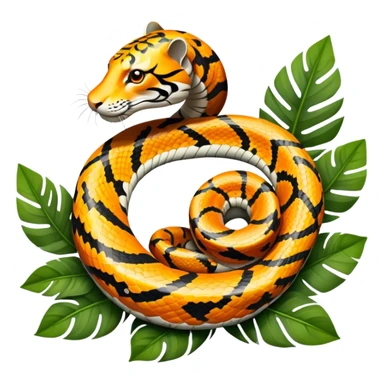 Tiger python coiled up on the ground, blending with the dense jungle foliage. Its distinct orange and black stripes stand out against the vibrant green of leaves and plants. Sunlight filters through the trees, highlighting the snake's patterned scales. Transparent background. sticker