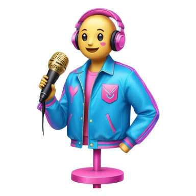 Create a vibrant and energetic emoji that represents pop or stage vocal performance without human figures. The design should feature a microphone on a stand, musical notes, and an illuminated stage with a spotlight to symbolize the live performance aspect. Add a stylish stage costume (e.g., a glittering jacket or sequined outfit) hanging on a hanger, to evoke the glamour of pop singing. Include elements like studio headphones, a music mixer, or a soundboard to reflect the technical side of the performance. Use bright colors like neon pink, electric blue, and gold to convey energy and creativity. The background should be transparent. sticker