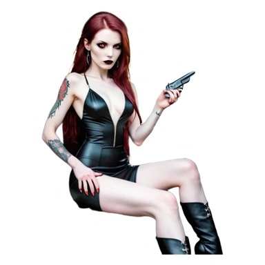 Lilith symbol red eye seductress evil long brown haired sexy succubus woman with leather long dress with slit, sitting in Big Large F350 pickup truck. Black Platform high heels on feet. Tattoo sleeve arms, seat full of stacks of cash, and a man dead human skull of her enemies and a gun in other hand sticker