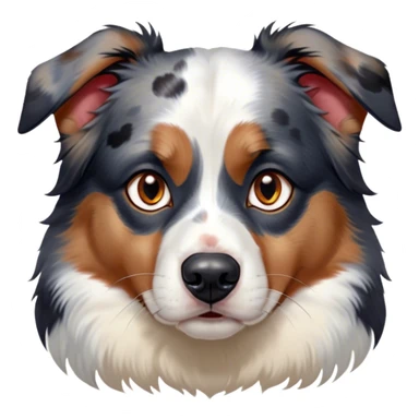 Cinematic Meme-Worthy Grumpy Calico Australian Shepherd Portrait Emoji, Head held high but eyes filled with dramatic disappointment, smooth white fur with spectacular patches of black, tan, and red calico merle, deeply furrowed brow forming an unmistakable scowl, floppy ears slightly angled back in disapproval, piercing blue eyes glaring with pure exasperation, Simplified yet hilariously over-exaggerated features, highly detailed, glowing with an aura of supreme annoyance, high shine, exhausted yet judgmental, stylized with an almost regal pettiness, bright but brooding, soft glowing outline, capturing the essence of a pup that has seen it all and is thoroughly unimpressed, so meme-worthy it feels like it could instantly become the next viral sensation of grumpiness! sticker