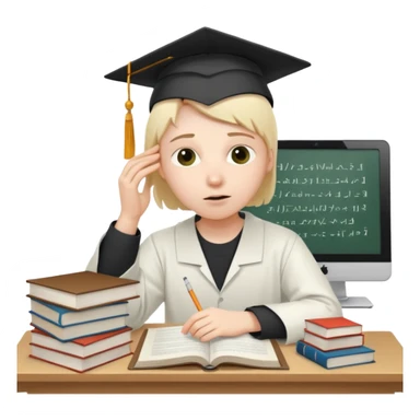 A very exhausted graduate student studying statistical physics. With some books on statistical physics, and a lot of papers, and computers sticker