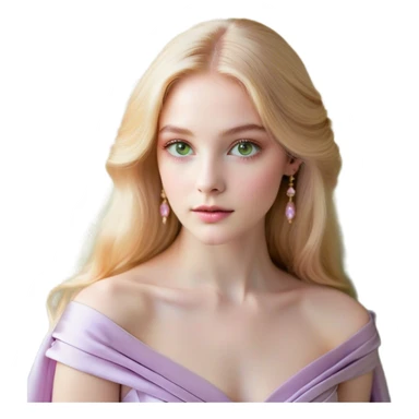 Cinematic Realistic Rapunzel Portrait, with porcelain-like skin featuring a subtle, natural glow, illuminated by soft lighting that brings out the gentle contours of her face. Her long, golden blonde hair cascades in detailed waves, each strand highlighted with a radiant shimmer as it catches the light. She playfully holds a flower in one hand, her other hand resting casually in her lap, with a warm and spirited expression. Her bright, expressive green eyes exude curiosity and warmth, framed by delicate lashes and soft, arched brows. She is dressed in her classic lavender and pink gown, the fabric textured with delicate folds that flow naturally, catching the light with a soft, radiant glow. The portrait captures a luminous, enchanting aura, seamlessly blending realism with a whimsical, fairytale charm, evoking a timeless sense of beauty and magic. sticker