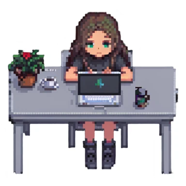 girl sitting at a desk with a MacBook, face partially hidden, cozy workspace, pixel art style sticker