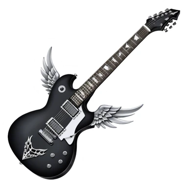 Create a dynamic and bold emoji representing the Dean VMNT AOD electric guitar (V-shaped model) inspired by Dave Mustaine's Angel of Death. The design should feature the sharp, angular 'V' shape of the guitar with a unique, striking graphic, including elements like dark skulls or angel wings to reflect the album's themes. Use bold colors like black with silver or gold accents, and add metallic details like chrome tuning pegs and pickups. The guitar should have a powerful, rebellious look, reflecting the heavy metal vibe. The background should be transparent. sticker